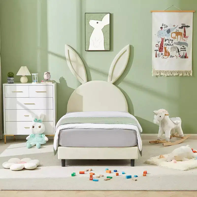 Kids Twin Platform Bed Frame, Rabbit Ear Velvet Headboard, 650 lb, Pink/Blue/Beige