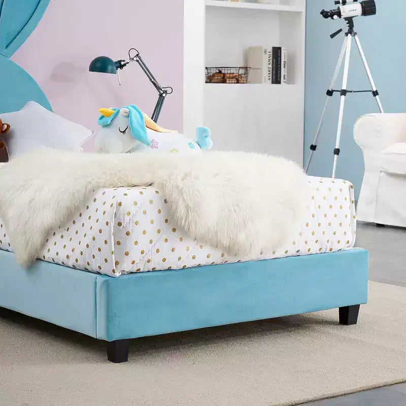 Lit plateforme double pour enfants, tête de lit en velours oreilles de lapin, 295 kg, Rose/Bleu/Beige