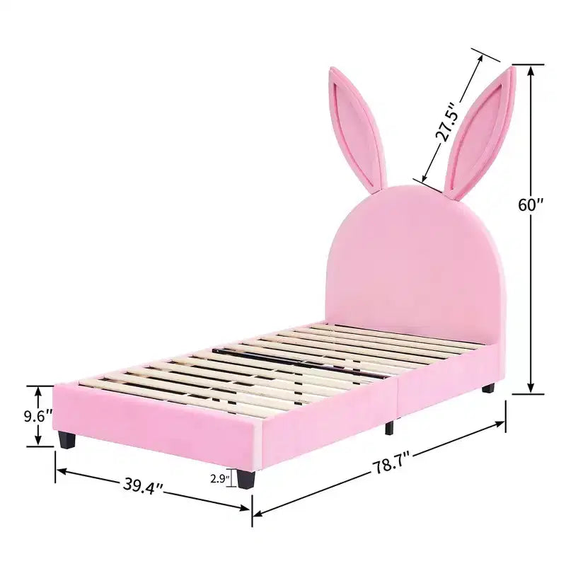 Lit plateforme double pour enfants, tête de lit en velours oreilles de lapin, 295 kg, Rose/Bleu/Beige