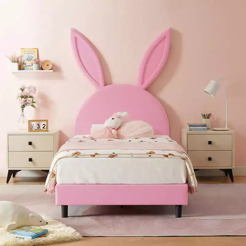 Lit plateforme double pour enfants, tête de lit en velours oreilles de lapin, 295 kg, Rose/Bleu/Beige