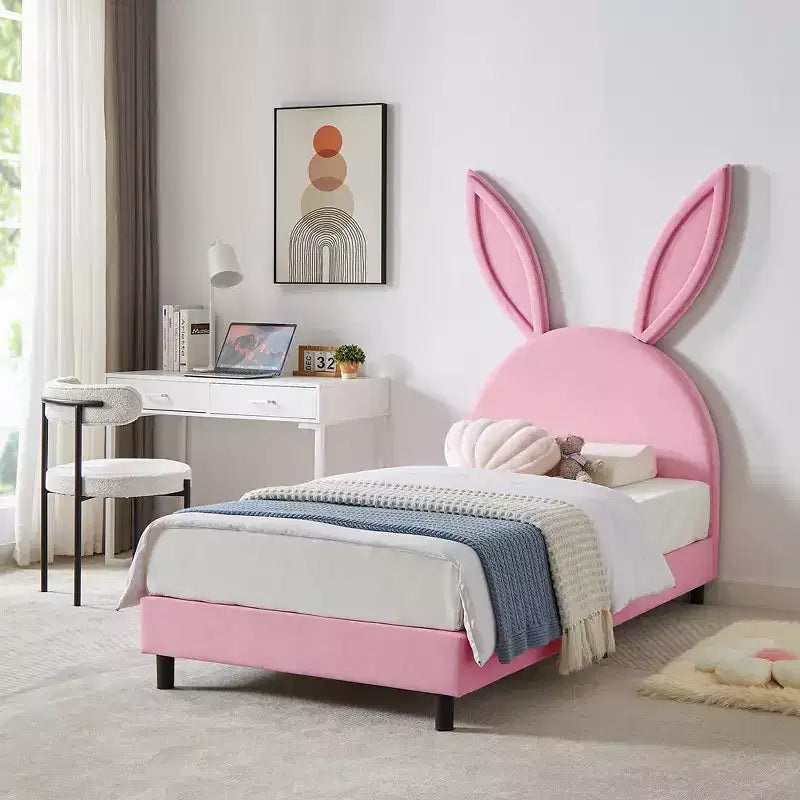 Lit plateforme double pour enfants, tête de lit en velours oreilles de lapin, 295 kg, Rose/Bleu/Beige
