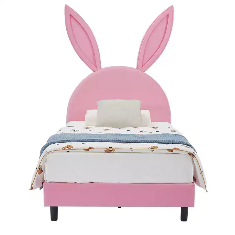 Lit plateforme double pour enfants, tête de lit en velours oreilles de lapin, 295 kg, Rose/Bleu/Beige