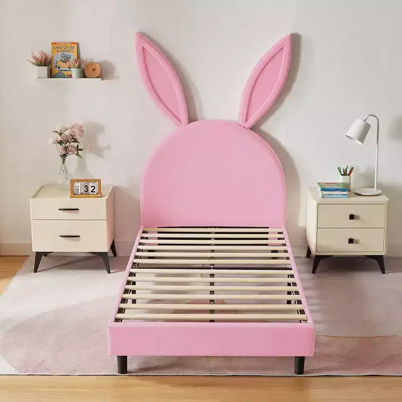 Lit plateforme double pour enfants, tête de lit en velours oreilles de lapin, 295 kg, Rose/Bleu/Beige