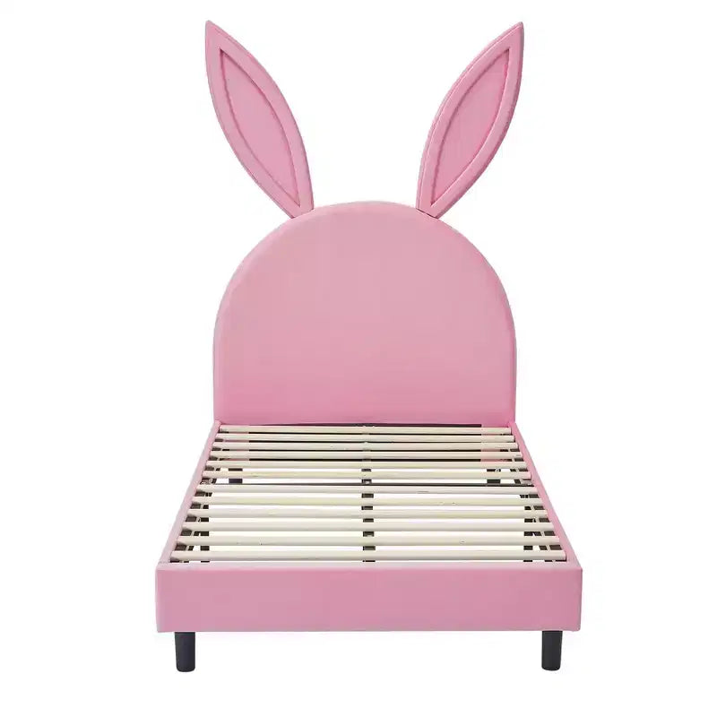 Lit plateforme double pour enfants, tête de lit en velours oreilles de lapin, 295 kg, Rose/Bleu/Beige