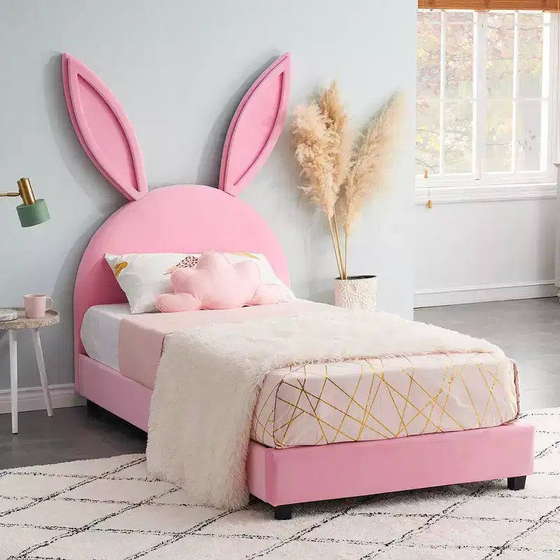 Lit plateforme double pour enfants, tête de lit en velours oreilles de lapin, 295 kg, Rose/Bleu/Beige
