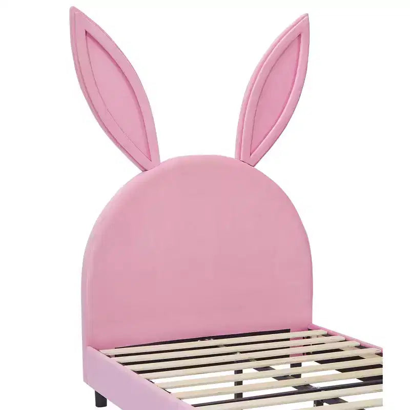 Lit plateforme double pour enfants, tête de lit en velours oreilles de lapin, 295 kg, Rose/Bleu/Beige