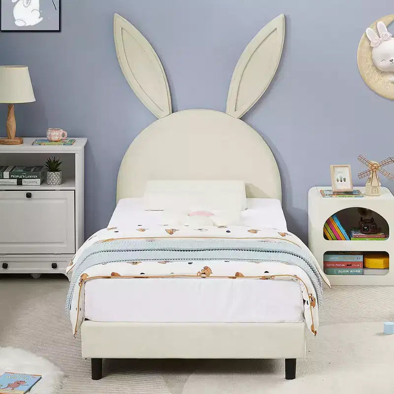 Lit plateforme double pour enfants, tête de lit en velours oreilles de lapin, 295 kg, Rose/Bleu/Beige