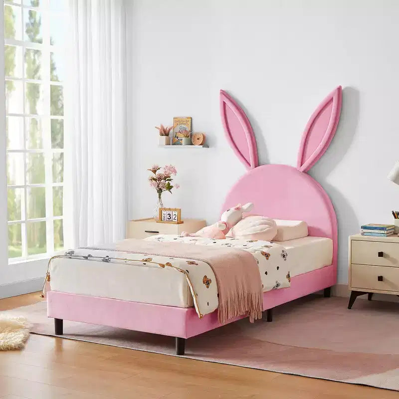 Lit plateforme double pour enfants, tête de lit en velours oreilles de lapin, 295 kg, Rose/Bleu/Beige