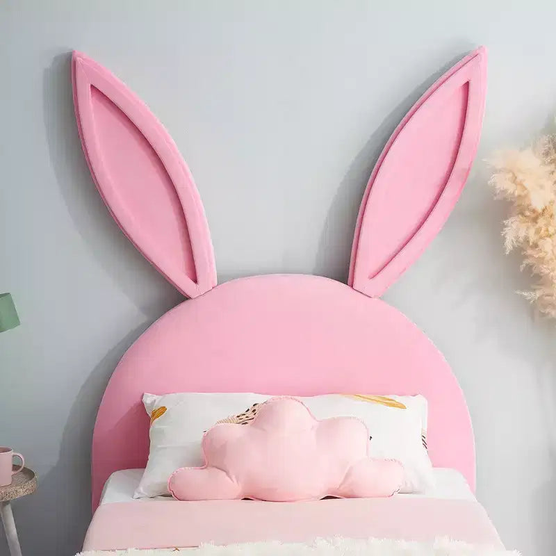 Lit plateforme double pour enfants, tête de lit en velours oreilles de lapin, 295 kg, Rose/Bleu/Beige