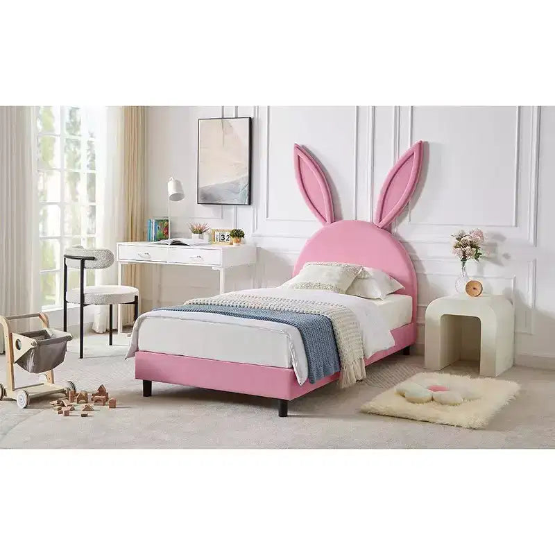 Lit plateforme double pour enfants, tête de lit en velours oreilles de lapin, 295 kg, Rose/Bleu/Beige