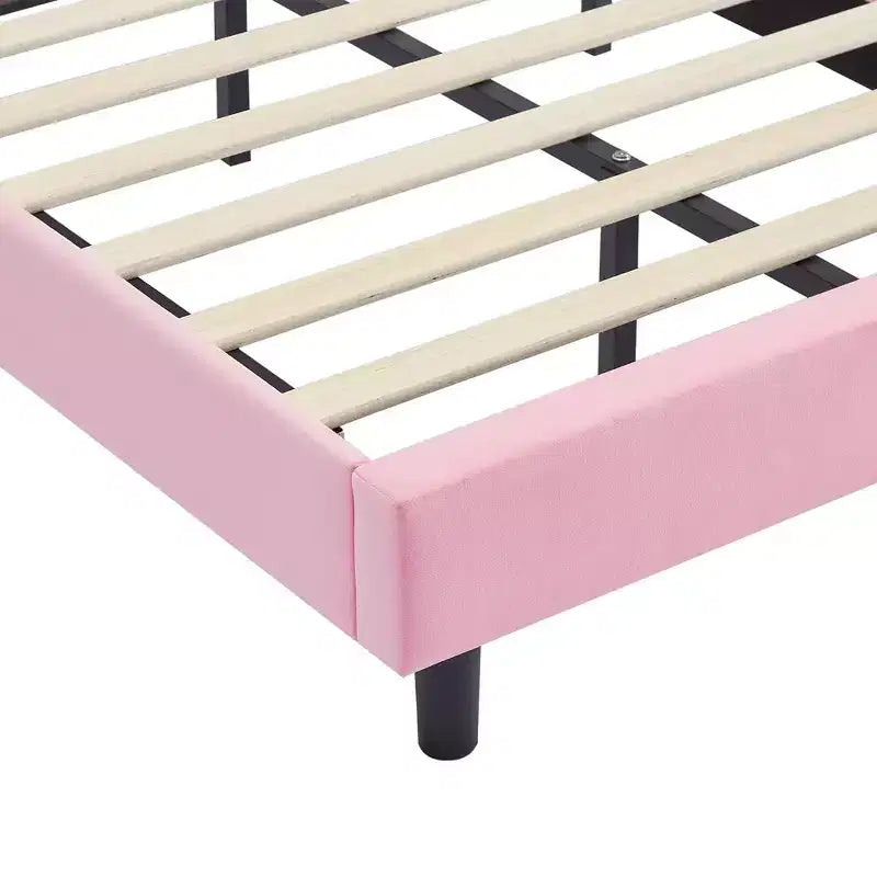 Lit plateforme double pour enfants, tête de lit en velours oreilles de lapin, 295 kg, Rose/Bleu/Beige