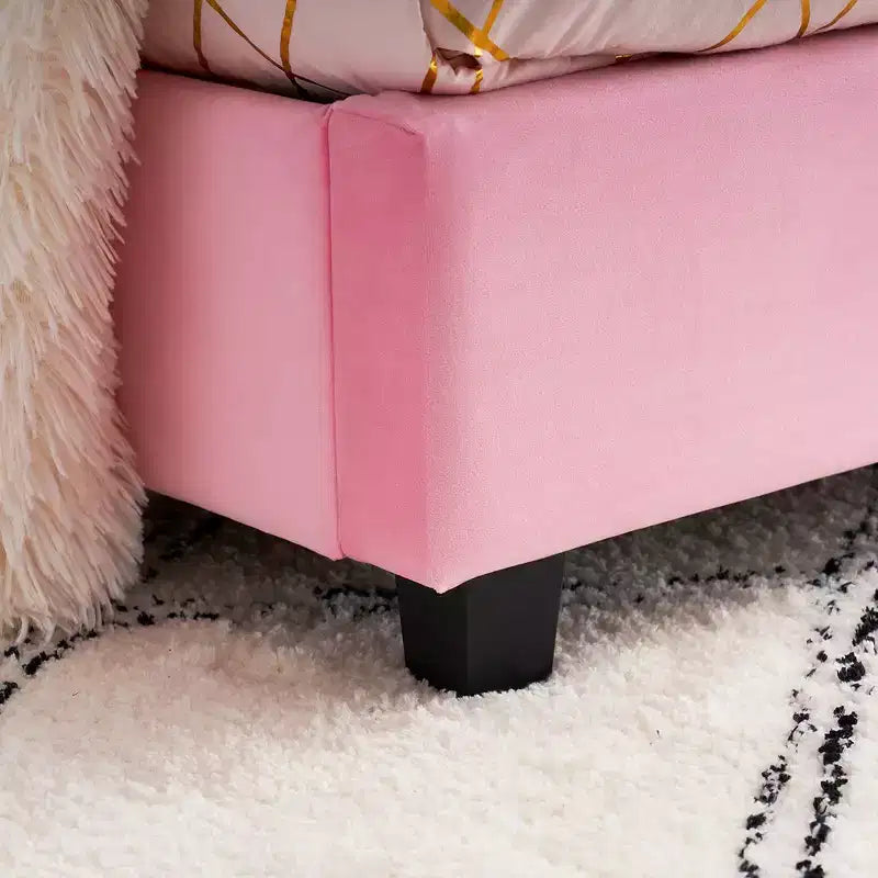 Lit plateforme double pour enfants, tête de lit en velours oreilles de lapin, 295 kg, Rose/Bleu/Beige