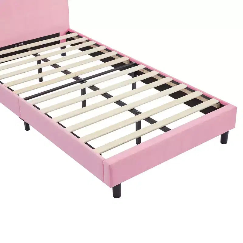 Lit plateforme double pour enfants, tête de lit en velours oreilles de lapin, 295 kg, Rose/Bleu/Beige