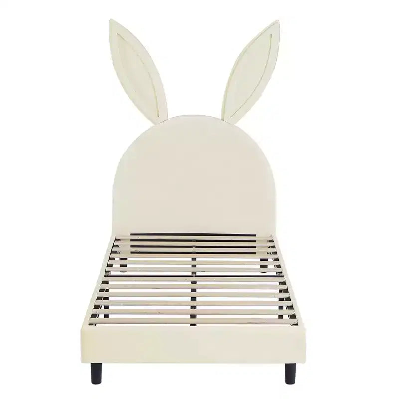 Kids Twin Platform Bed Frame, Rabbit Ear Velvet Headboard, 650 lb, Pink/Blue/Beige