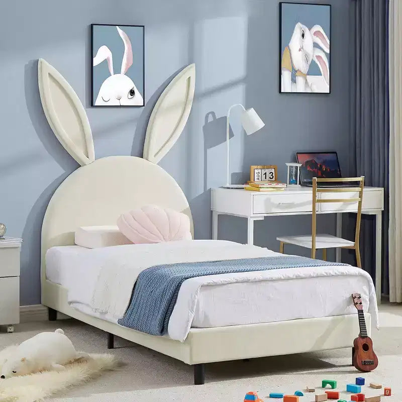 Lit plateforme double pour enfants, tête de lit en velours oreilles de lapin, 295 kg, Rose/Bleu/Beige