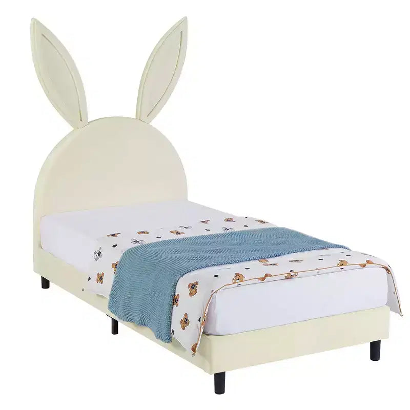 Lit plateforme double pour enfants, tête de lit en velours oreilles de lapin, 295 kg, Rose/Bleu/Beige