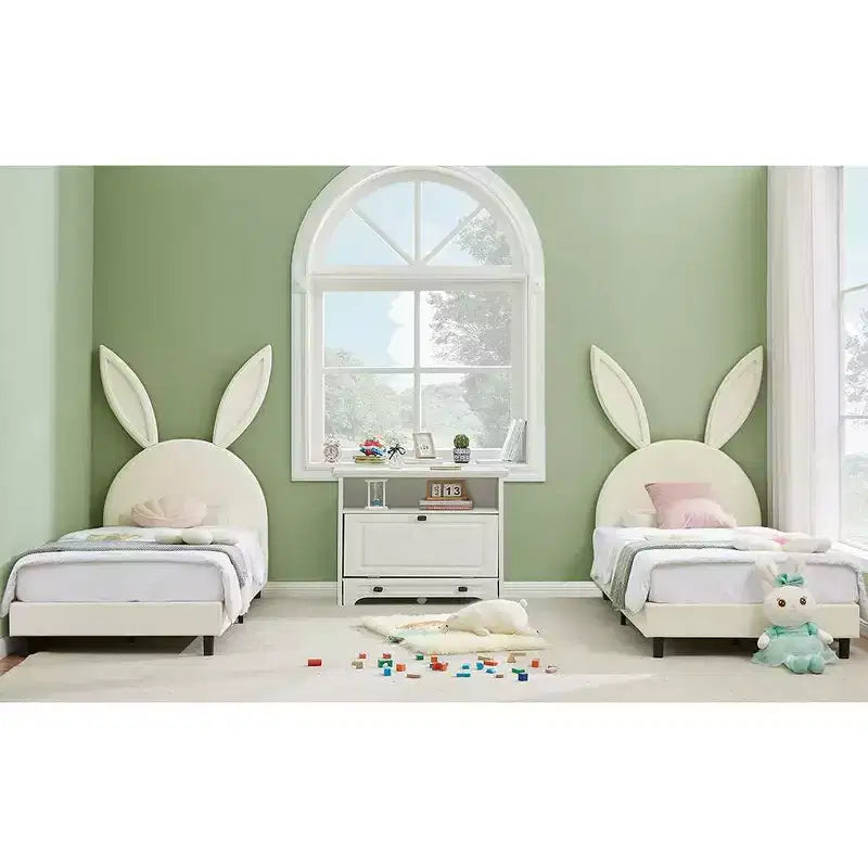 Lit plateforme double pour enfants, tête de lit en velours oreilles de lapin, 295 kg, Rose/Bleu/Beige