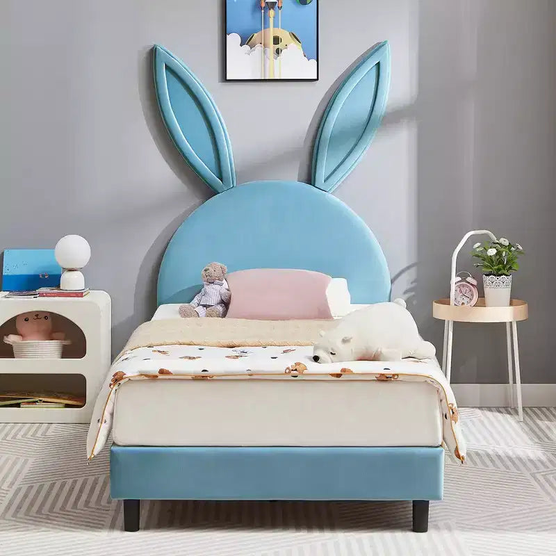 Kids Twin Platform Bed Frame, Rabbit Ear Velvet Headboard, 650 lb, Pink/Blue/Beige