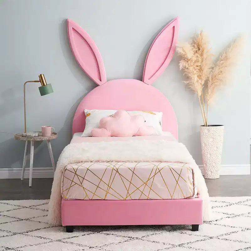 Kids Twin Platform Bed Frame, Rabbit Ear Velvet Headboard, 650 lb, Pink/Blue/Beige