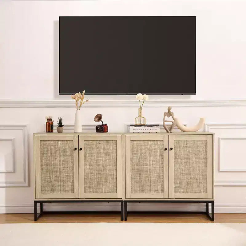 Bahut de rangement avec portes en rotin, table d'appoint d'entrée, naturel