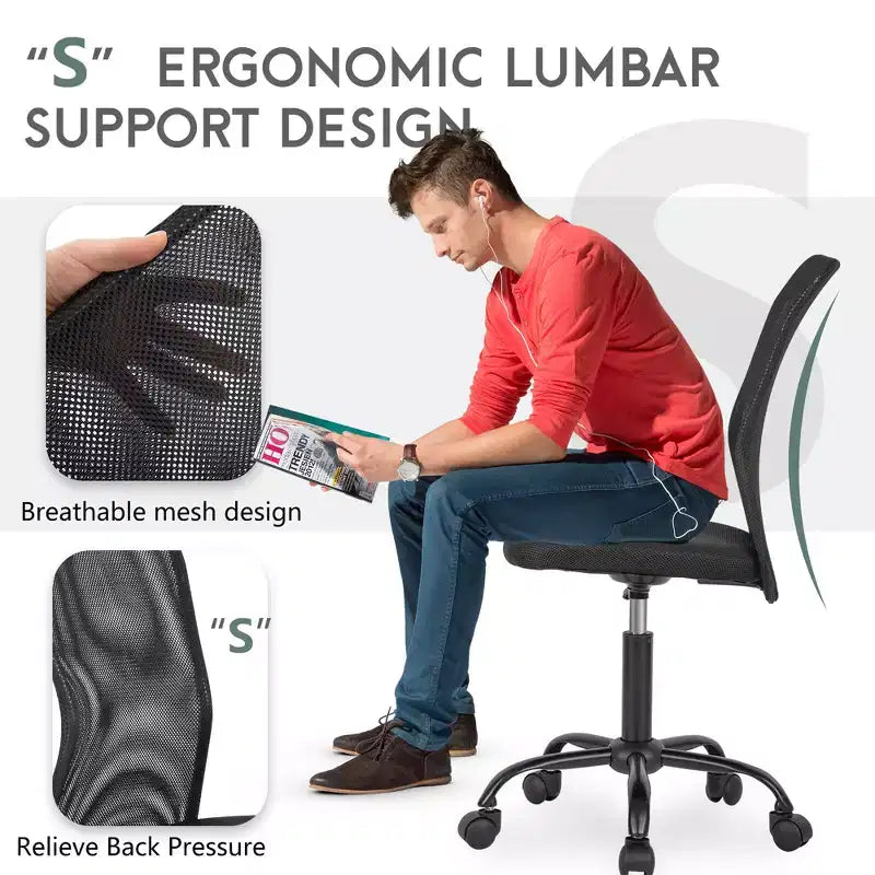 Mid-Back Armless Mesh Office Chair with Lumbar Support, Adjustable Height, 250 lb