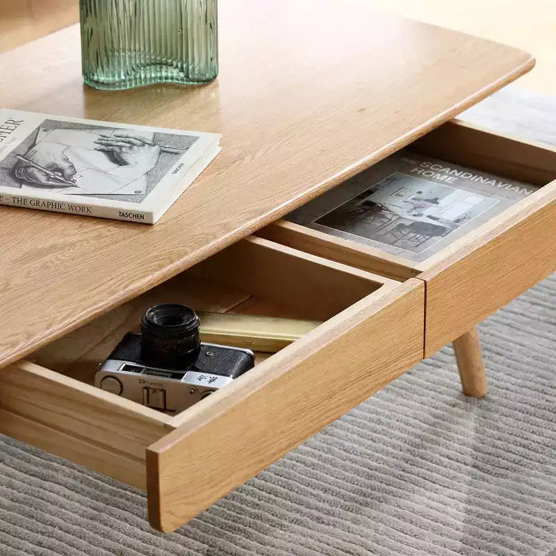 Solid Oak Wood Coffee Table with Drawers & Open Shelf, 39.37" W, Brown