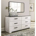 Commode à 6 tiroirs, deux tons Blanc délavé et Gris rustique, style ferme moderne, 133,9 cm L
