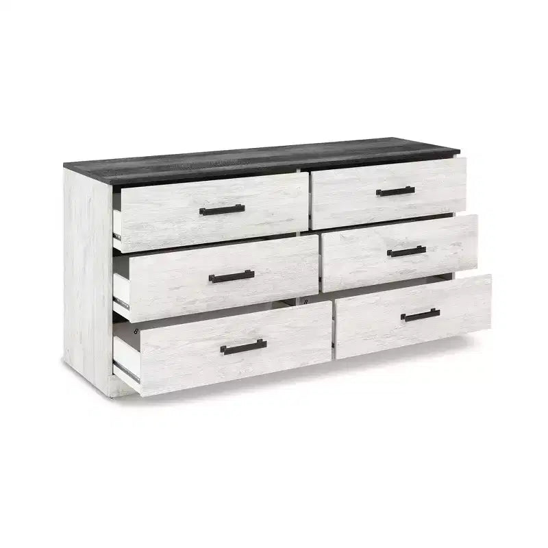 Commode à 6 tiroirs, deux tons Blanc délavé et Gris rustique, style ferme moderne, 133,9 cm L
