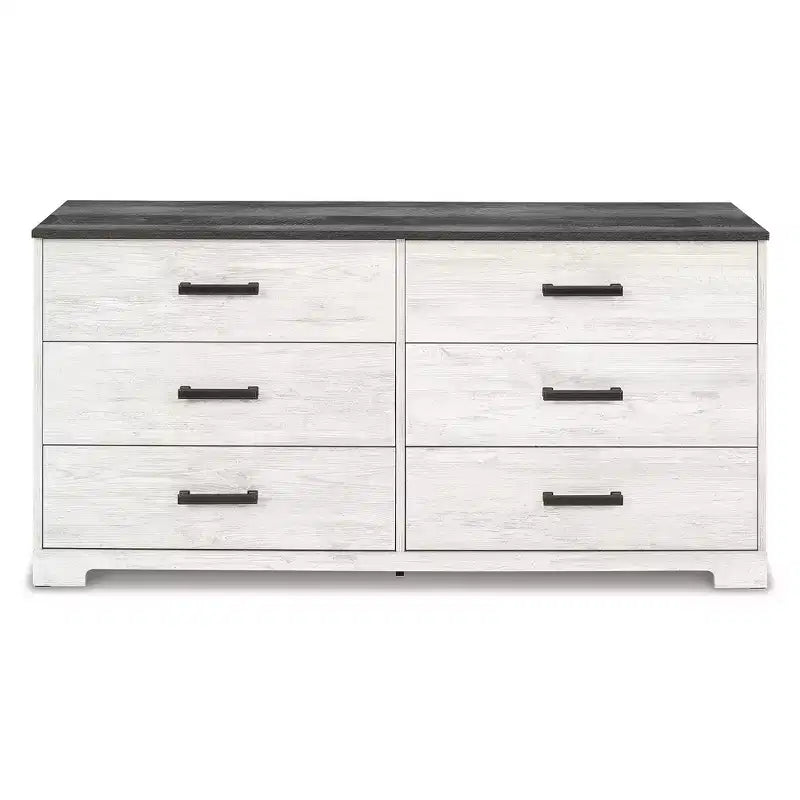 Commode à 6 tiroirs, deux tons Blanc délavé et Gris rustique, style ferme moderne, 133,9 cm L