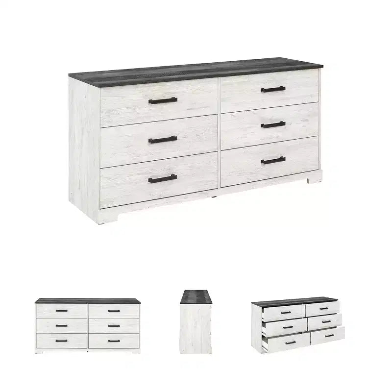 Commode à 6 tiroirs, deux tons Blanc délavé et Gris rustique, style ferme moderne, 133,9 cm L
