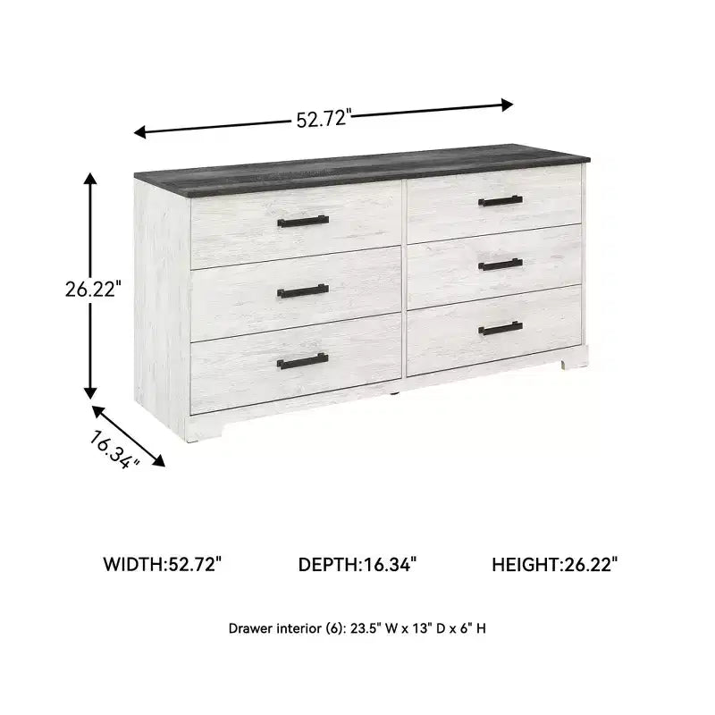 Commode à 6 tiroirs, deux tons Blanc délavé et Gris rustique, style ferme moderne, 133,9 cm L