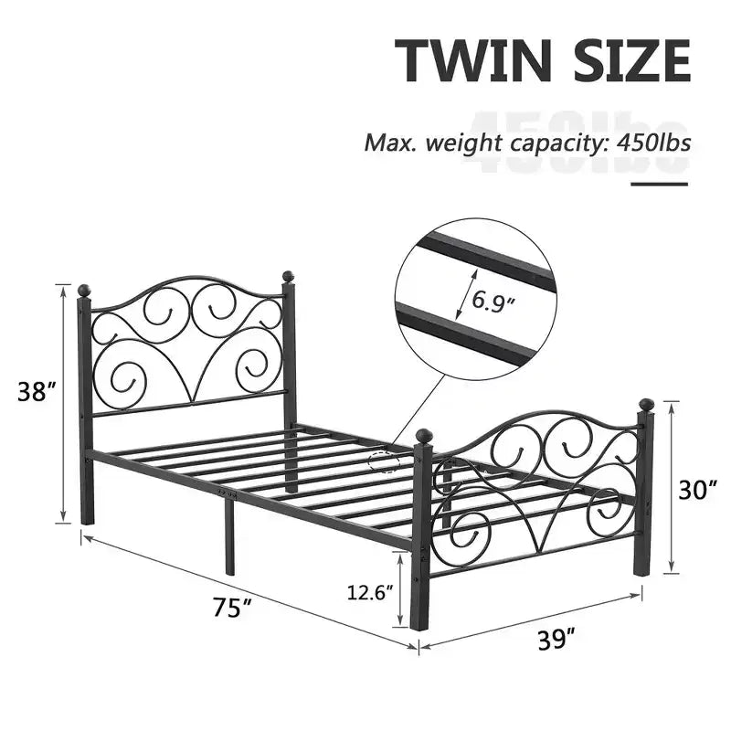 Metal Scroll Bed Frame with Upholstered Headboard & Footboard, 700 lb Capacity
