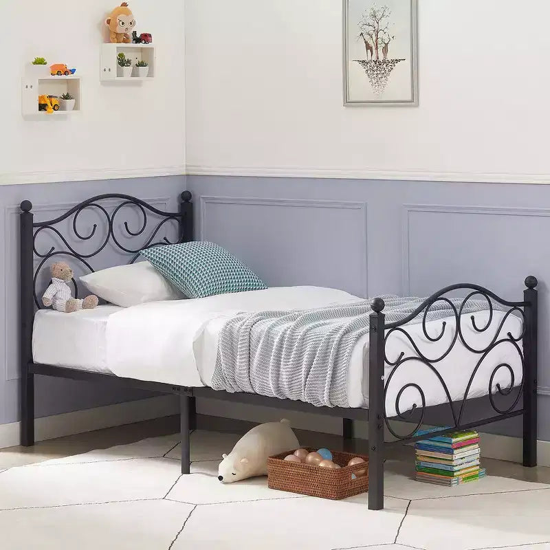 Metal Scroll Bed Frame with Upholstered Headboard & Footboard, 700 lb Capacity
