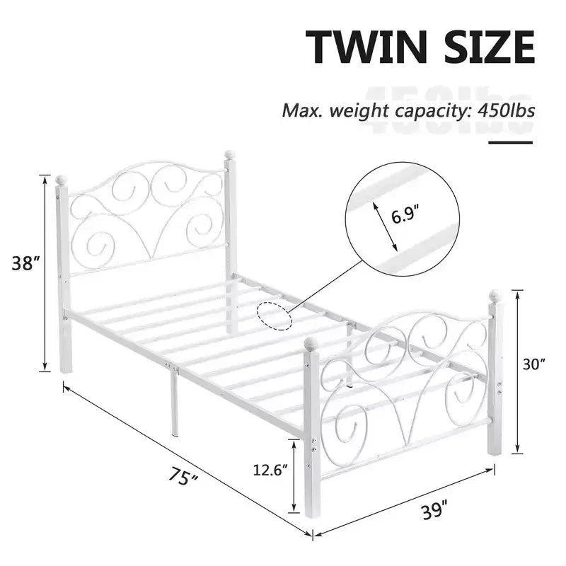 Cadre de lit en métal à volutes avec tête et pied de lit rembourrés, capacité de 317,5 kg
