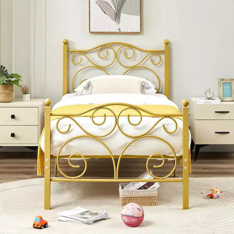 Metal Scroll Bed Frame with Upholstered Headboard & Footboard, 700 lb Capacity