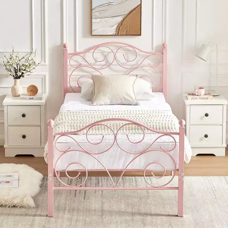 Metal Scroll Bed Frame with Upholstered Headboard & Footboard, 700 lb Capacity