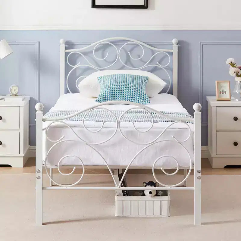Metal Scroll Bed Frame with Upholstered Headboard & Footboard, 700 lb Capacity