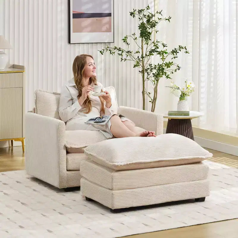 Fauteuil d'appoint moderne en velours côtelé avec pouf