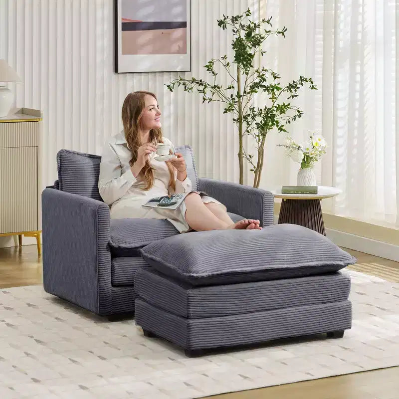 Fauteuil d'appoint moderne en velours côtelé avec pouf