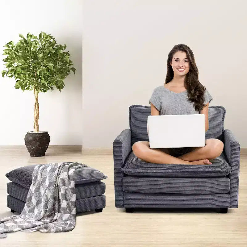 Fauteuil d'appoint moderne en velours côtelé avec pouf