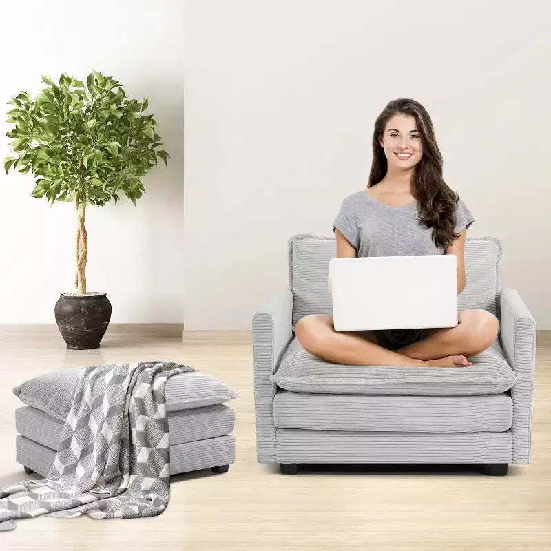 Fauteuil d'appoint moderne en velours côtelé avec pouf