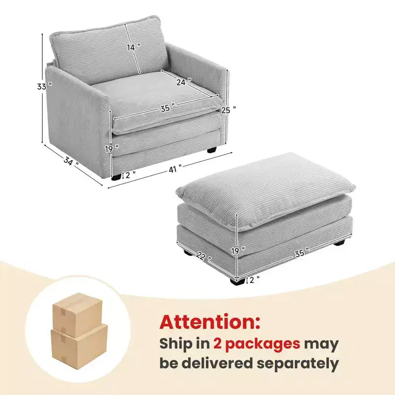 Fauteuil d'appoint moderne en velours côtelé avec pouf