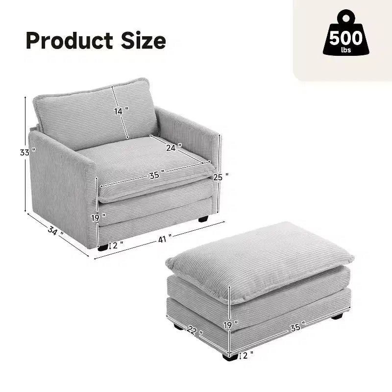 Fauteuil d'appoint moderne en velours côtelé avec pouf