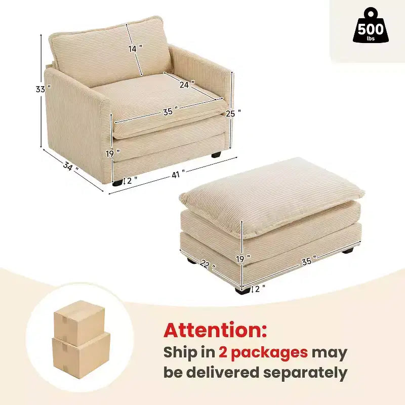 Fauteuil d'appoint moderne en velours côtelé avec pouf