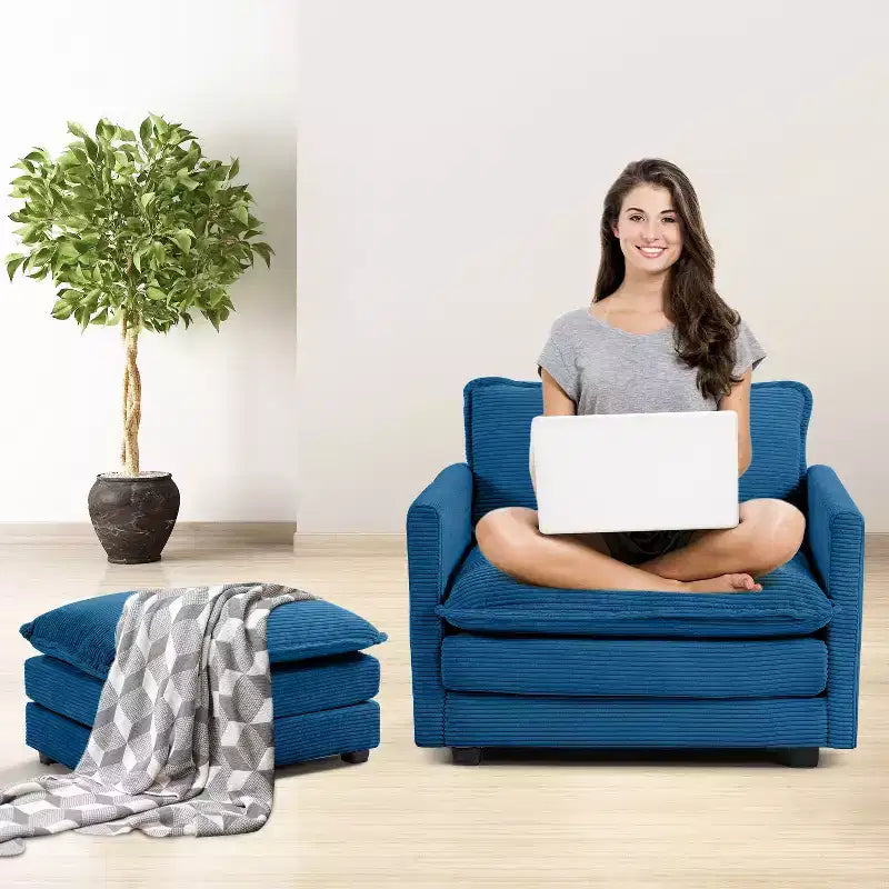 Fauteuil d'appoint moderne en velours côtelé avec pouf