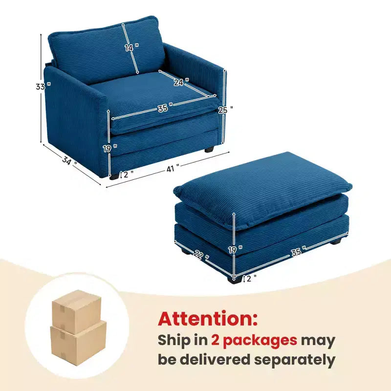 Fauteuil d'appoint moderne en velours côtelé avec pouf