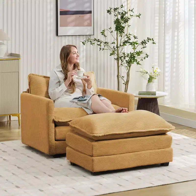 Fauteuil d'appoint moderne en velours côtelé avec pouf