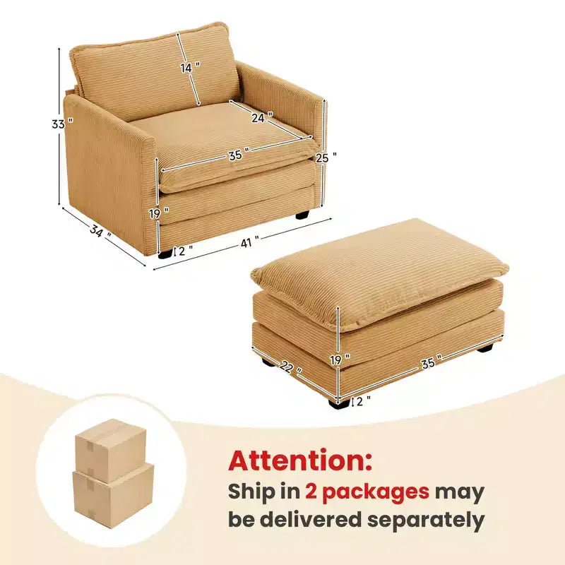 Fauteuil d'appoint moderne en velours côtelé avec pouf