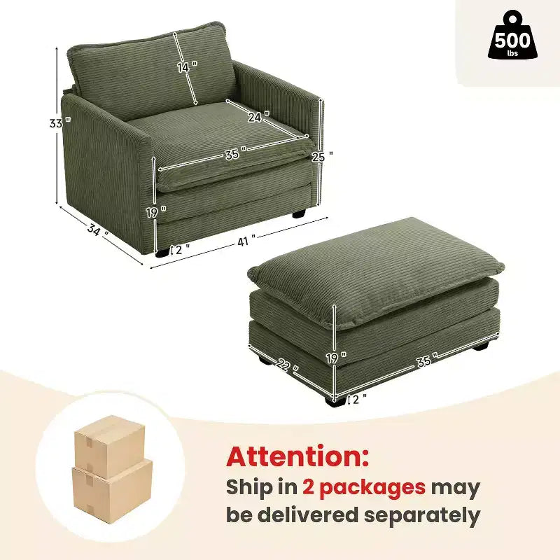 Fauteuil d'appoint moderne en velours côtelé avec pouf