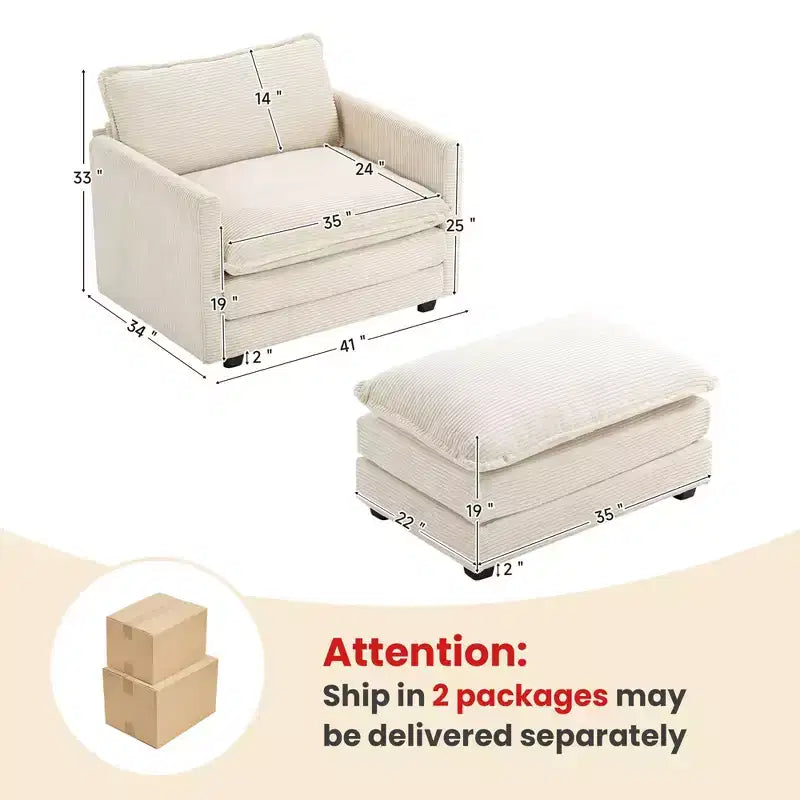 Fauteuil d'appoint moderne en velours côtelé avec pouf